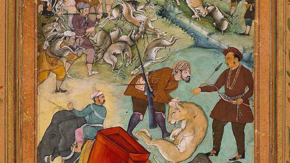Salim na lovu nosorožců a lvů. Kresba ze Salimovy lovecké knihy (Dublin, 1600)