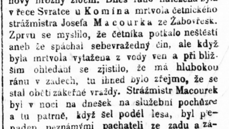 Dobový tisk z 24. října 1918 o vraždě četníka Macourka