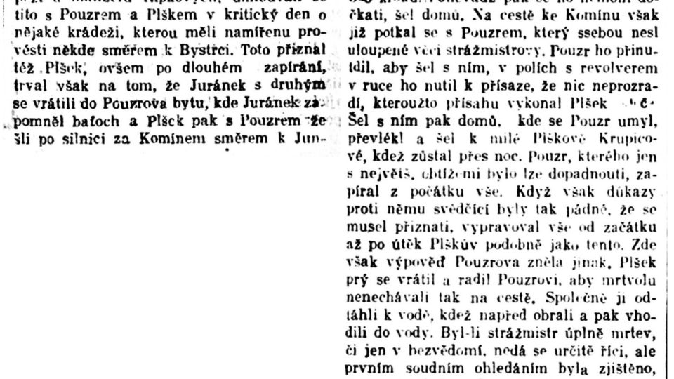 Dobový tisk z 15. června 1919 o vraždě četníka Macourka