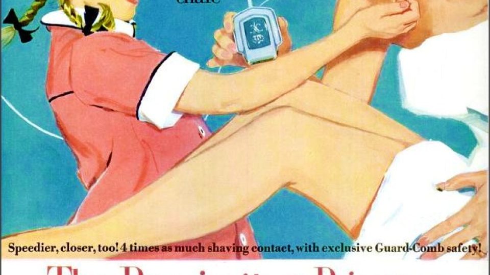 Reklama na holicí strojek pro ženy značky Remington z roku 1958