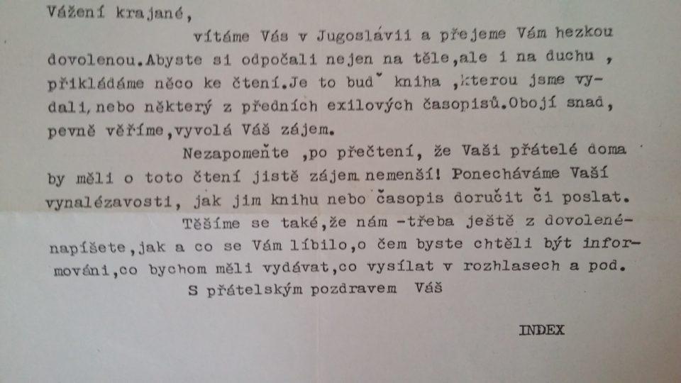 Prázdniny 1975, pozdrav nakladatelství Index československým turistům v Jugoslávii.