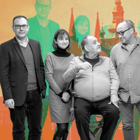 Tradiční sestava podcastu Čekání na prezidenta. Zleva Jan Kysela, Tereza Matějčková, Petr Nováček a Jan Pokorný