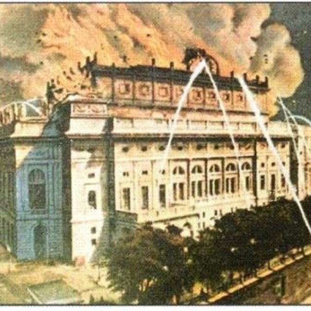 Požár Národního divadla na dobové kresbě | foto: Web Útvaru BOZP a PO VFN