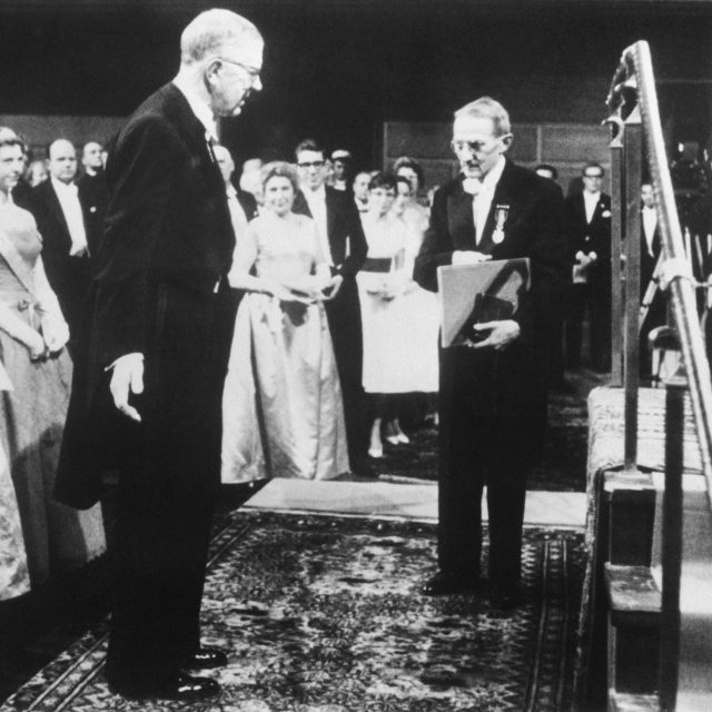 Akademik Jaroslav Heyrovský přebírá od švédského krále Gustava VI. Adolfa Nobelovu cenu za chemii | foto: ČTK