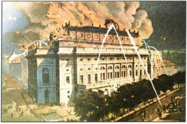 Požár Národního divadla na dobové kresbě | foto: Web Útvaru BOZP a PO VFN
