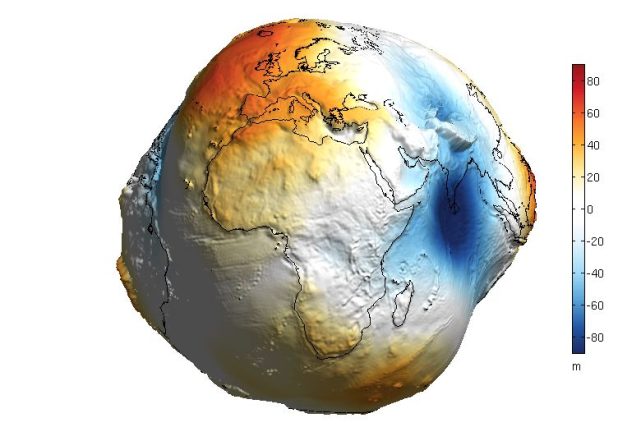 Odchylka tvaru Země od geoidu. Nerovnosti zvýrazněny tisíckrát. | foto: Aleš Bezděk