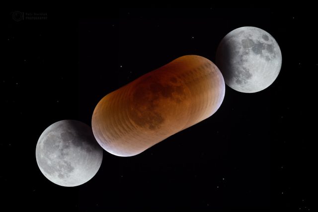 Průběh zatmění Měsíce a barev v zemském stínu zachycených  během úkazu 31. ledna 2018. | foto:  Česká astronomická společnost,  Petr Horálek