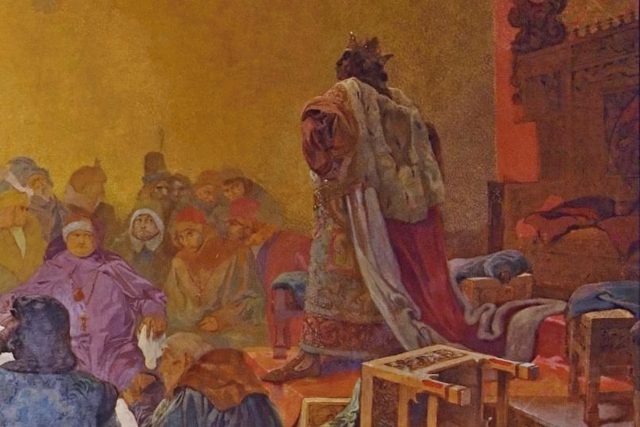 Jiří z Poděbrad na detailu obrazu Alfonse Muchy z cyklu Slovanská epopej | foto: Alfons Mucha,  Profimedia