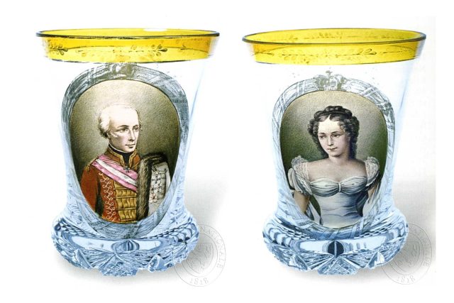 Skleněné číšky s Františkem I. a Karolínou Augustou,  rozenou princeznou Bavorskou,  pravděpodobně z dílny Bedřicha Egermanna | foto: eSbírky – kulturní dědictví on-line,  Národní muzeum - Historické muzeum,  CC BY 4.0