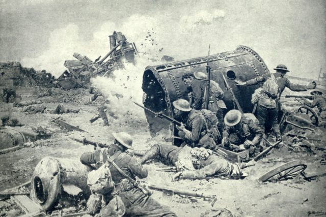 Kanadští vojáci v bitvě na Sommě u zničené rafinerie cukru v Courcellette 15. září 1916 | foto: Shutterstock
